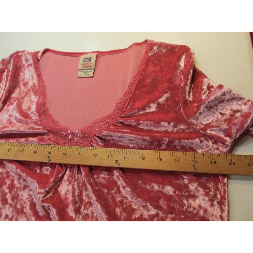 Faded Glory Pink Velvet Lace Trim Pullover Top Women L 12/14 V-Neck Y2K Retro - Picture 8 of 13